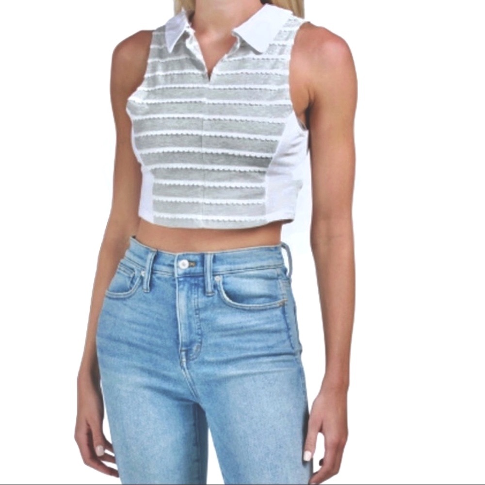 BCBGeneration Womens Gray Cotton Scalloped Collared Crop Top Shirt Size S